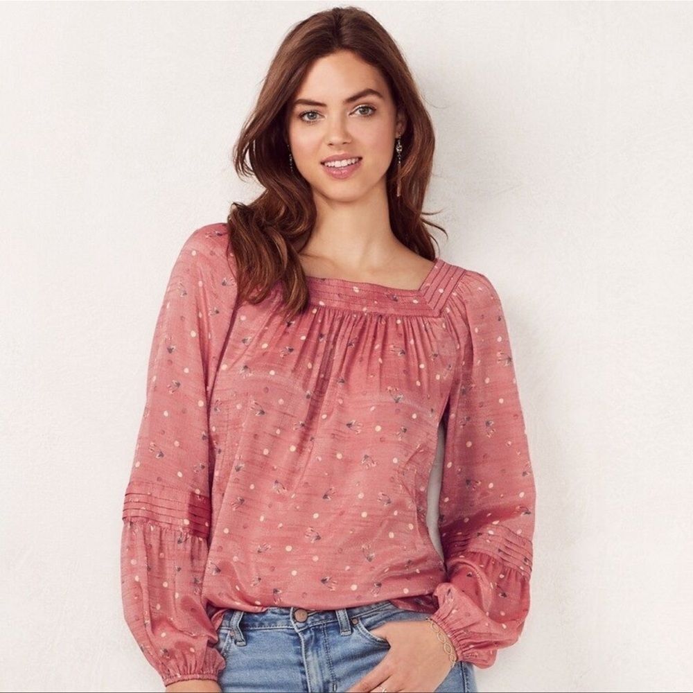 LC Lauren Conrad- Women’s Love, Lauren Shirred Peasant Pink Floral Top, Size XL